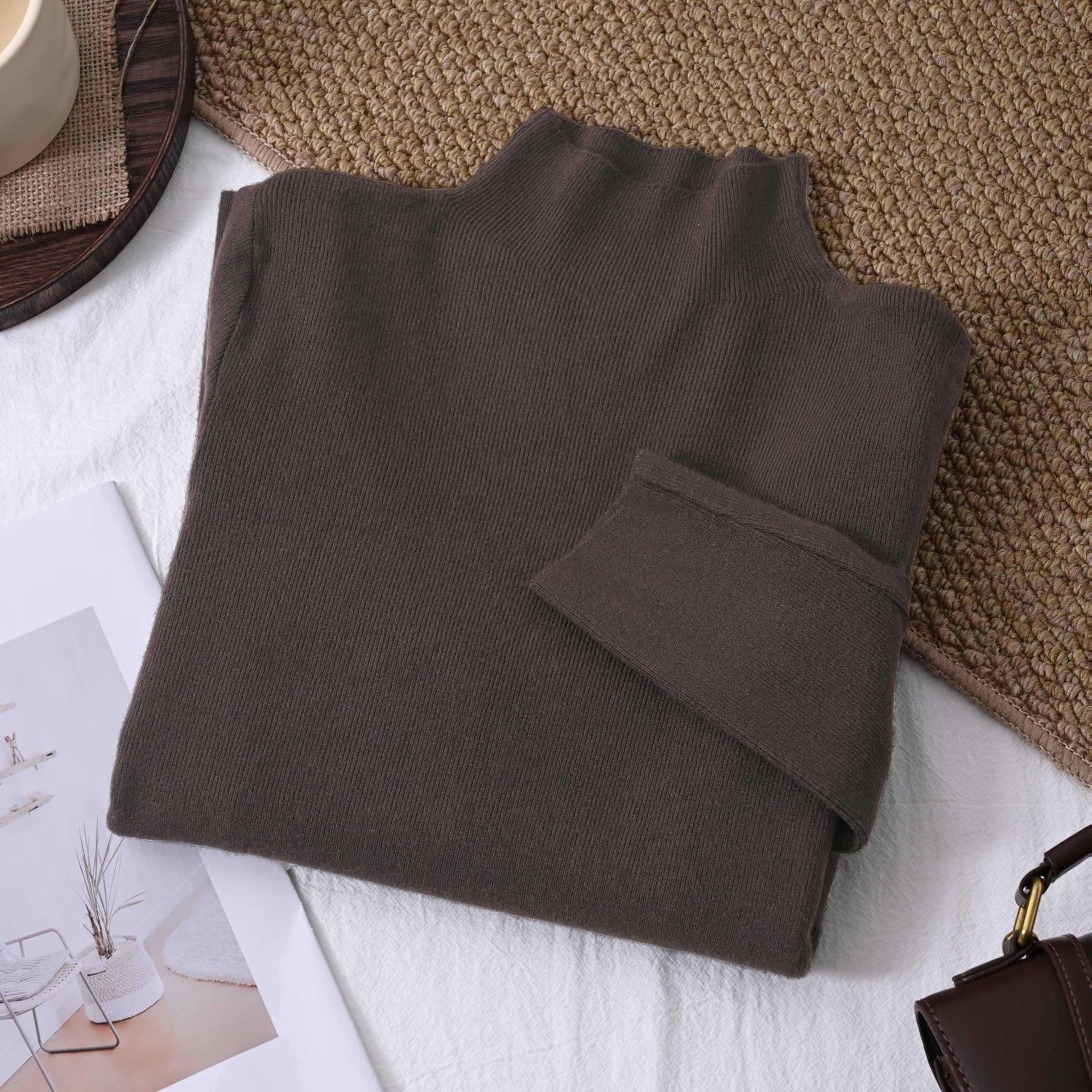 TEMU Damski Sweter z Półwysokim Kołnierzem, Długi Rękaw, Dopasowany, Nowość 2025, Modna Bluzka na Jesień i Zimę