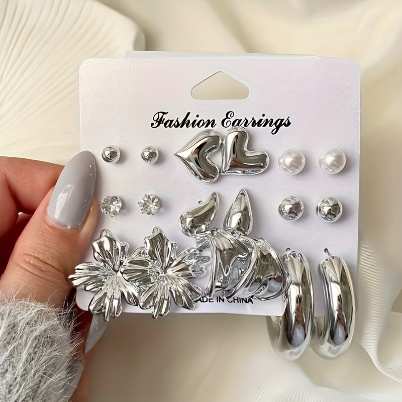 TEMU 18 szt. Elegancki Zestaw Prostych Modnych Casualowych Kolczyków i Kolczyków Sztyftów z Kwiatowym Wzorem i Symulowanym CCB w Kształcie i Łzy dla