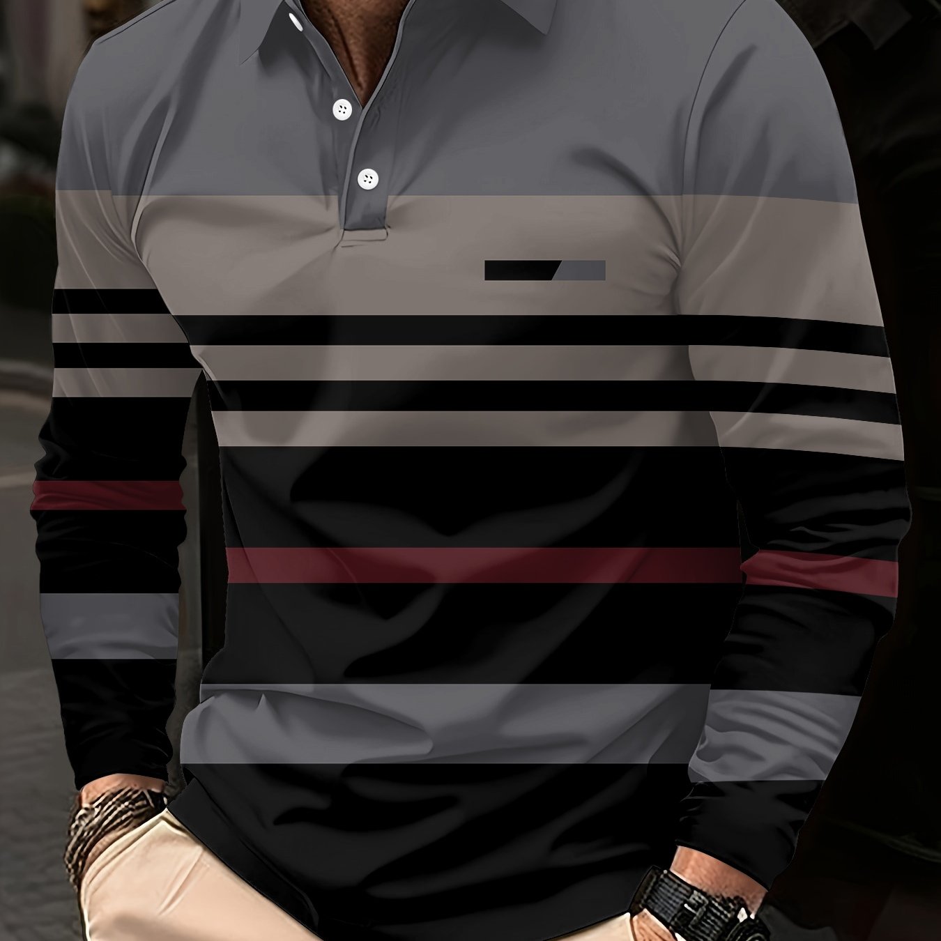 TEMU Męska koszula z długim rękawem w 3D paski i angielskim logo - Wzory multi-kolorowe & pasy (Granatowy/Czarny/Biały/Kasztanowy/Szary/Beż) -