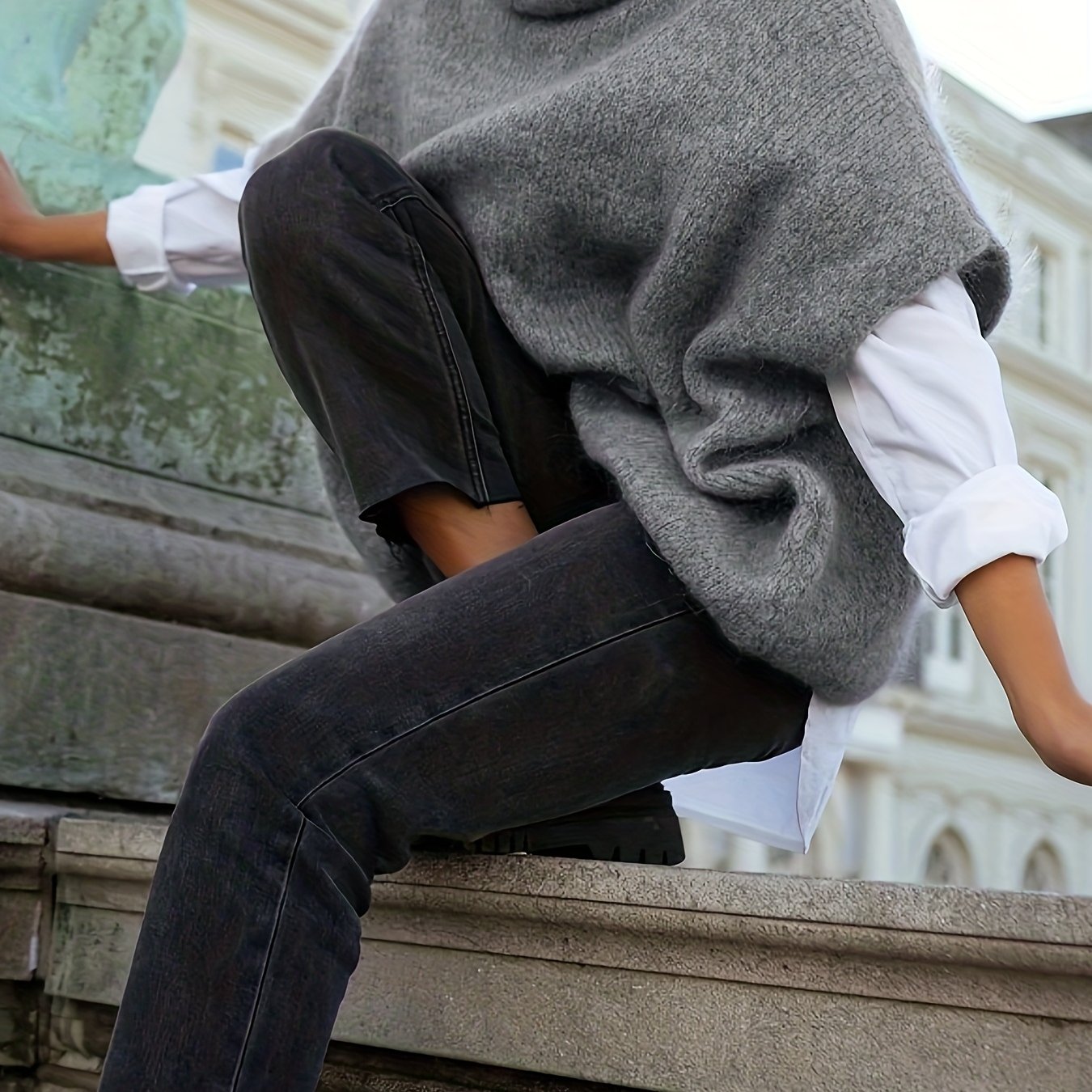 TEMU Elegancki sweter damski z wysokim dekoltem - Miękki, elastyczny sweter wkładany przez głowę z otwartą przodową, luźny sweter bez rękawów na