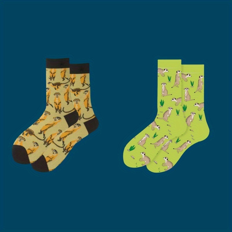 TEMU 1/2 Para Miękkie I Wygodne Skarpetki Do Połowy Łydki Z Kreskówkowym Motywem Meerkata - Uroczy Wzór Zwierząt, Unisex Casual Socks For All ,