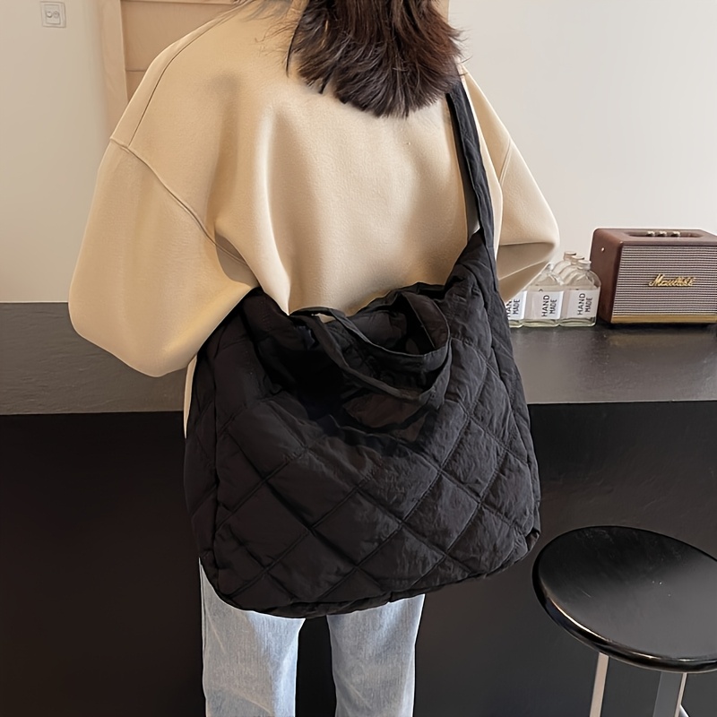 TEMU Damska Torba z Nylonu o Dużej Pojemności z Wzorem Rombów/Szycia - Ciemnozielona, Wielokieszeniowe Zamknięcie na Zamek, Trwała Podszewka z