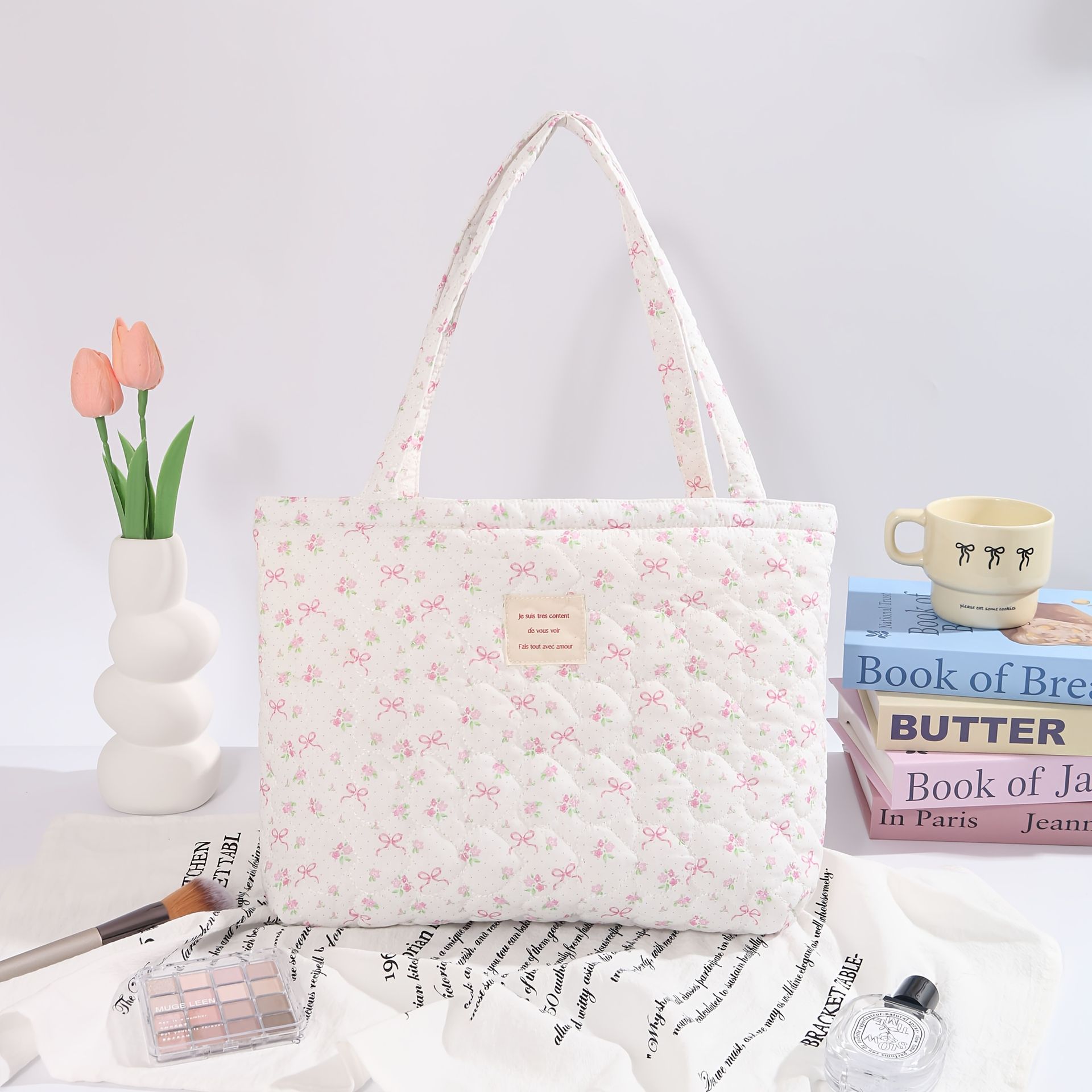 TEMU Damska pikowana torba na ramię, duża pikowana torebka ze sztruksu dla kobiet, modna lekka torebka w kwiaty, idealna do codziennego użytku,