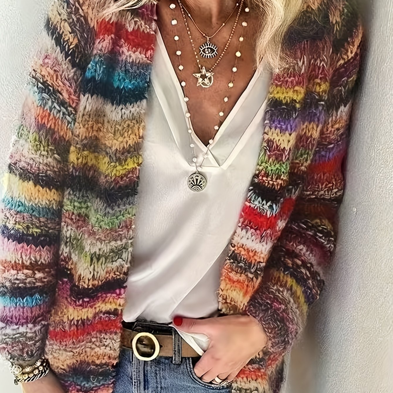 TEMU Zimowa Elegancka Kurtka Sweter Damska z Kaszmiru, Miękka Gruba Przędza, Wielokolorowa Mieszanka, Asymetryczna, Piękna Moda, Wygodna, Casual,