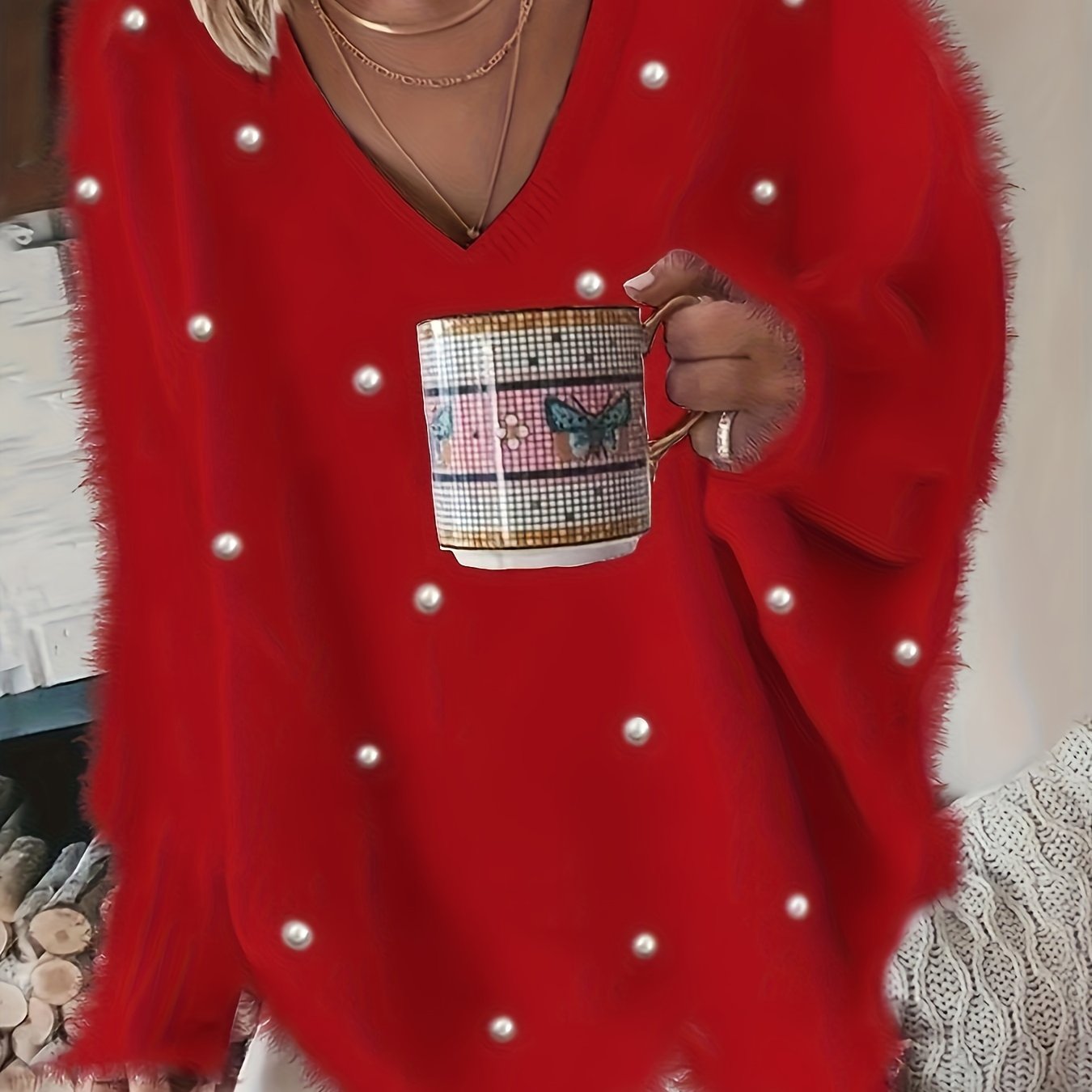 TEMU Elegancki czerwony sweter z dekoltem w serek i długimi rękawami Lekki, elastyczny, przyjazny dla skóry, z detalami ze sztucznych pereł, luźny