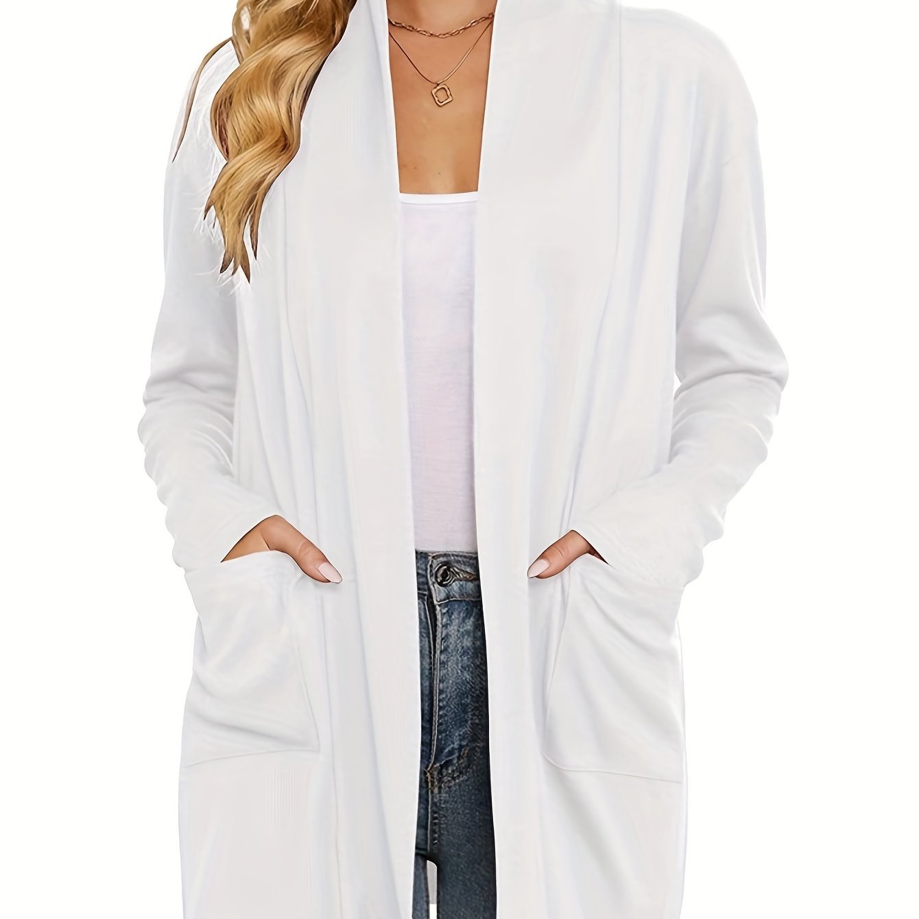 TEMU Damski przytulny kardigan - długi rękaw, otwarty przód, z kieszeniami, jasnoniebieski casualowy top na jesień/zimę, przytulna odzież na jesień