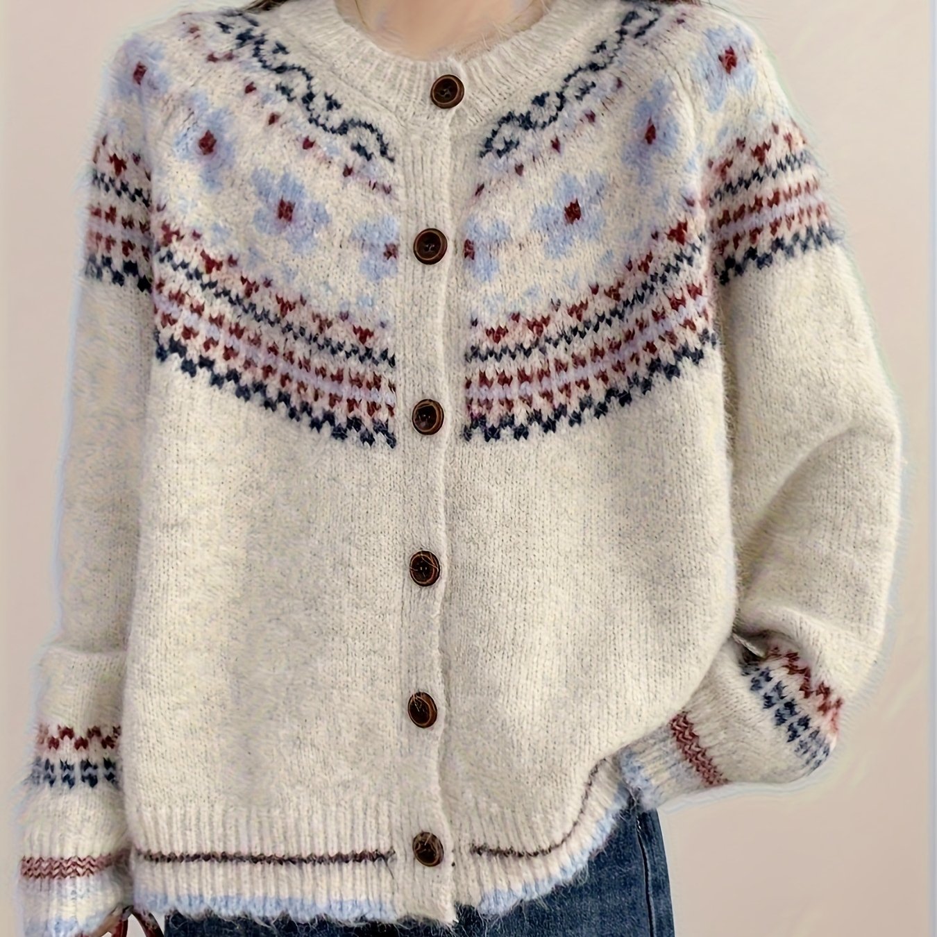 TEMU Elegancki sweter damski w koreańskim stylu Okrągły dekolt, długi rękaw, wzór żakardowy w kwiaty, sztuczne drewniane guziki, prążkowana brzeg i