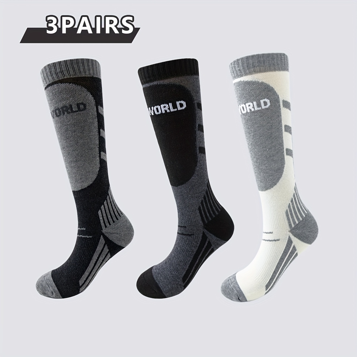 TEMU Zestaw 3 par grubych, ciepłych, czarnych, białych i szarych profesjonalnych skarpetek narciarskich do użytku na zewnątrz. Sportowe legginsy typu
