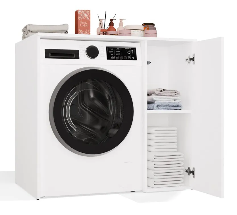 Biała szafka na pralkę z zamykanym regałem C2-N99