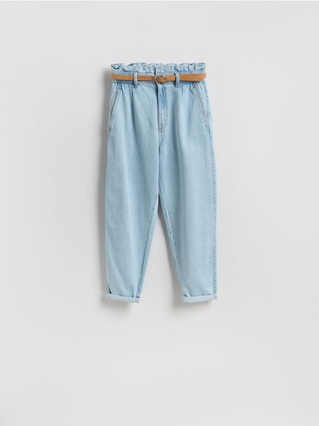 Reserved - Jeansy paperbag z paskiem - niebieski