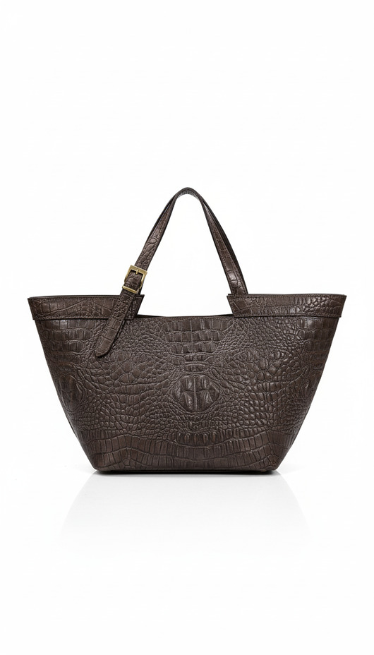 Shopper bag z fakturą krokodyla - LS04 ciemnobrązowa