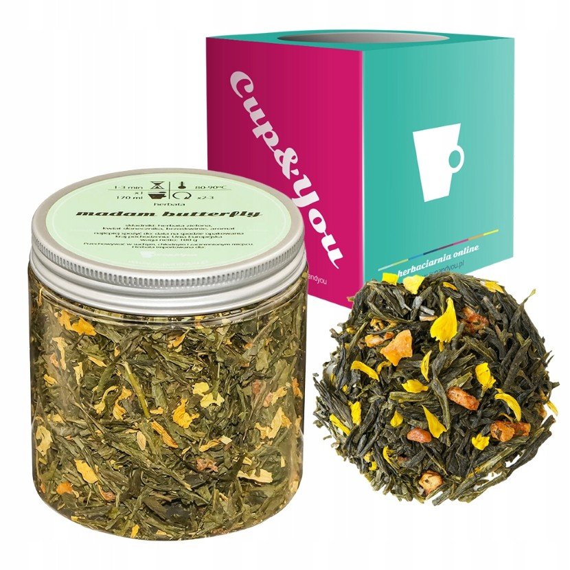 Zielona herbata MADAM BUTTERFLY brzoskwinie kwiat słonecznika premium 100g - sypana liściasta herbata PREMIUM na prezent upominek podarunek Cup&You