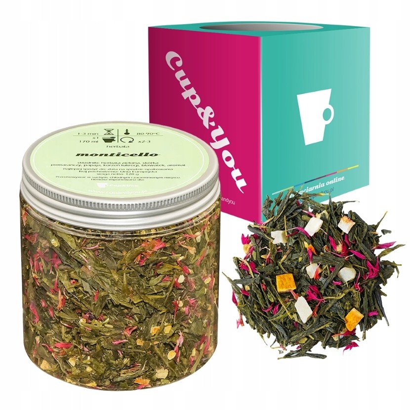Zielona herbata MONTICELLO papaja bławatek skórka pomarańczy 120g - sypana liściasta herbata PREMIUM na prezent upominek podarunek Cup&You