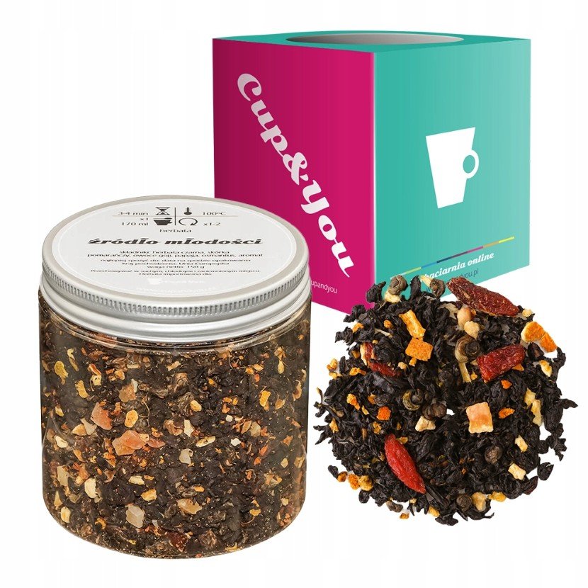 Czarna herbata ŹRÓDŁO MŁODOŚCI papaja skórka pomarańczy owoce goji 150g - sypana liściasta herbata PREMIUM na prezent upominek podarunek Cup&You