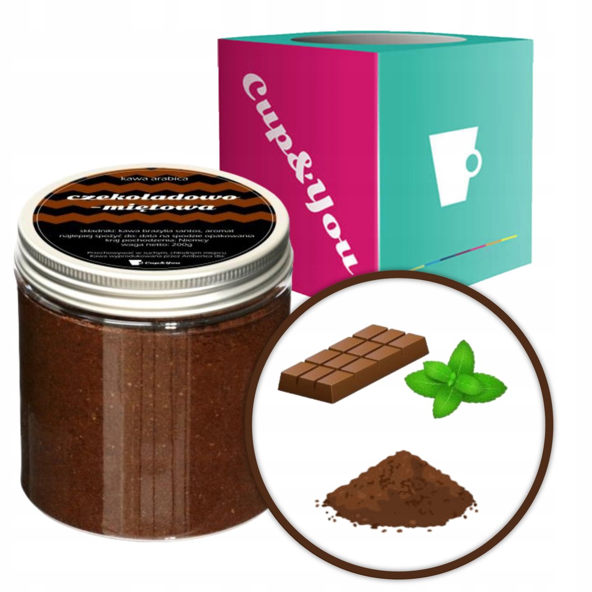 Kawa smakowa deserowa aromatyzowana smak CZEKOLADOWO MIĘTOWA mielona ARABICA PREMIUM 200g na prezent upominek dla kobiety mężczyzny faceta mamy taty..