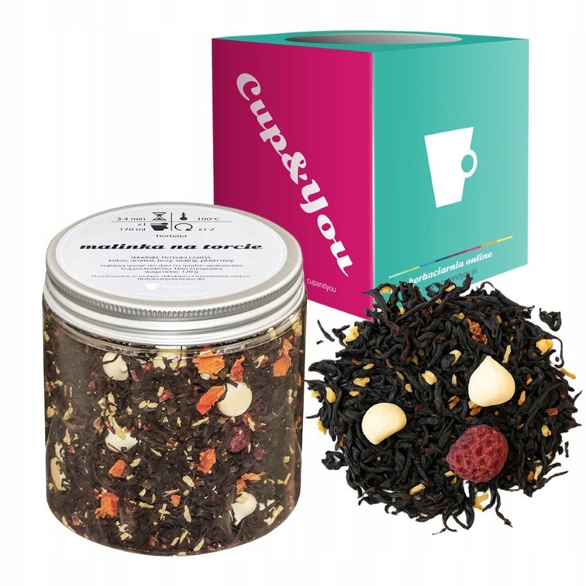 Czarna herbata MALINKA NA TORCIE kokos maliny płatki róży bezy 120g - sypana liściasta herbata PREMIUM na prezent upominek podarunek Cup&You
