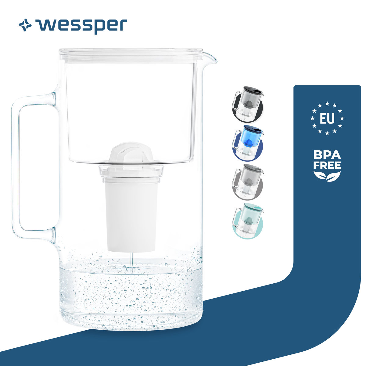 Dzbanek filtrujący szklany Wessper 3l Biały + 1x Filtr aquaclassic