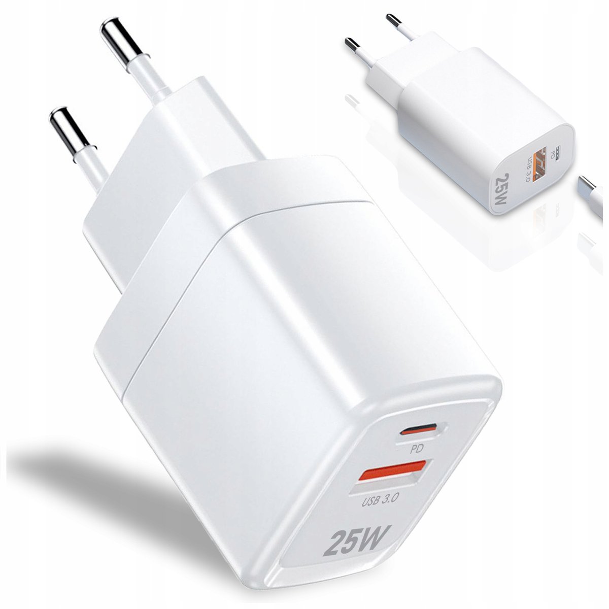 Ładowarka Sieciowa Kostka 2 Wejścia Usb + Typ-C Usb-C Do Telefonu 25W Biała