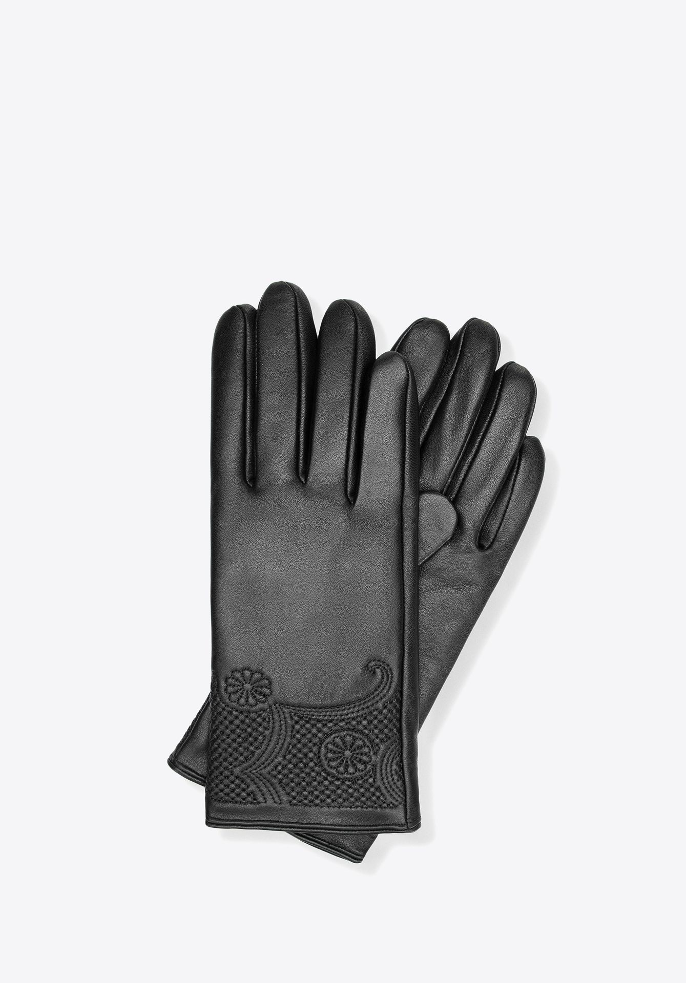 Damskie rękawiczki ze skóry naturalnej z kwiatowym wzorem czarne