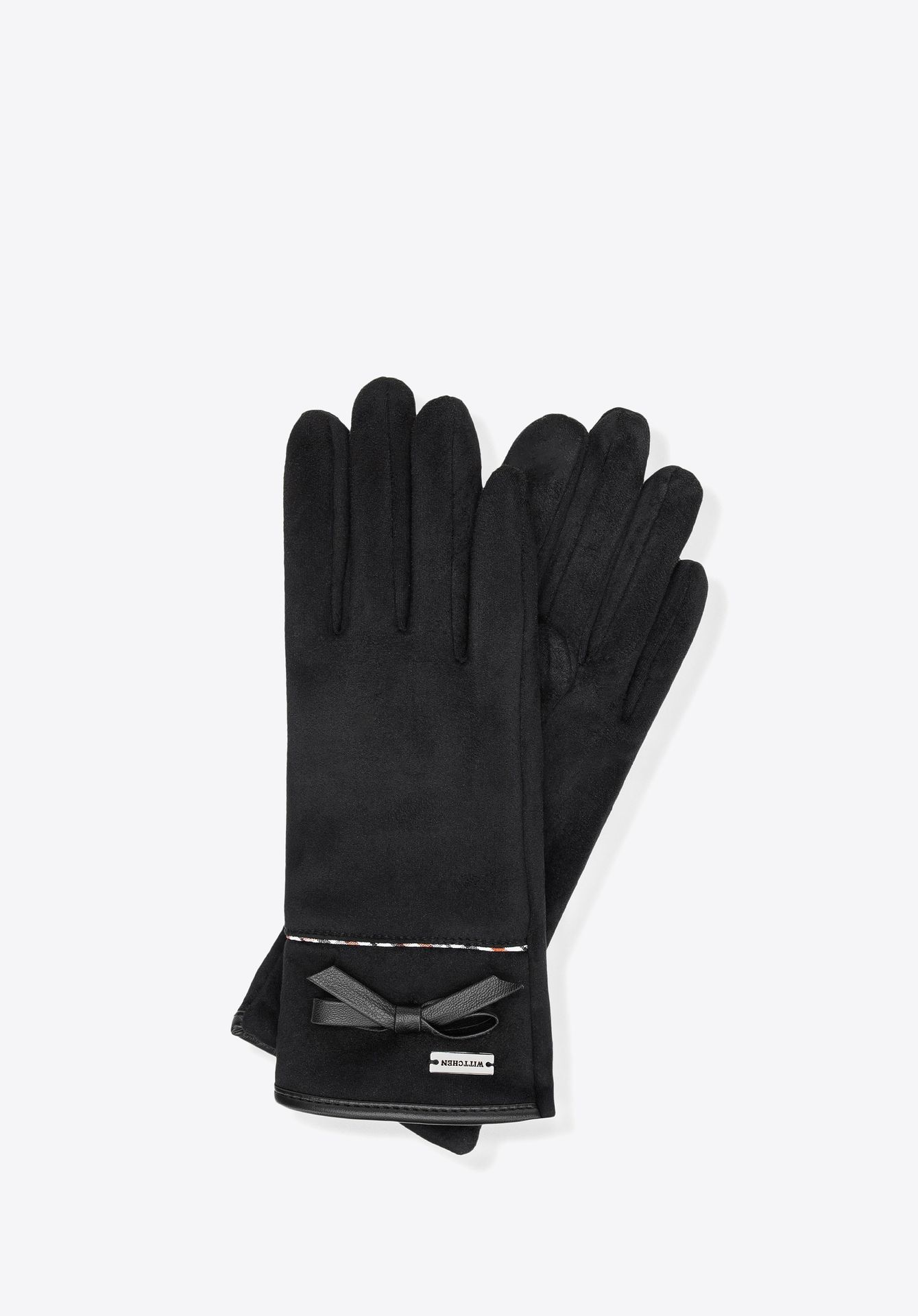 Damskie rękawiczki z kokardą i delikatnym przeszyciem czarne