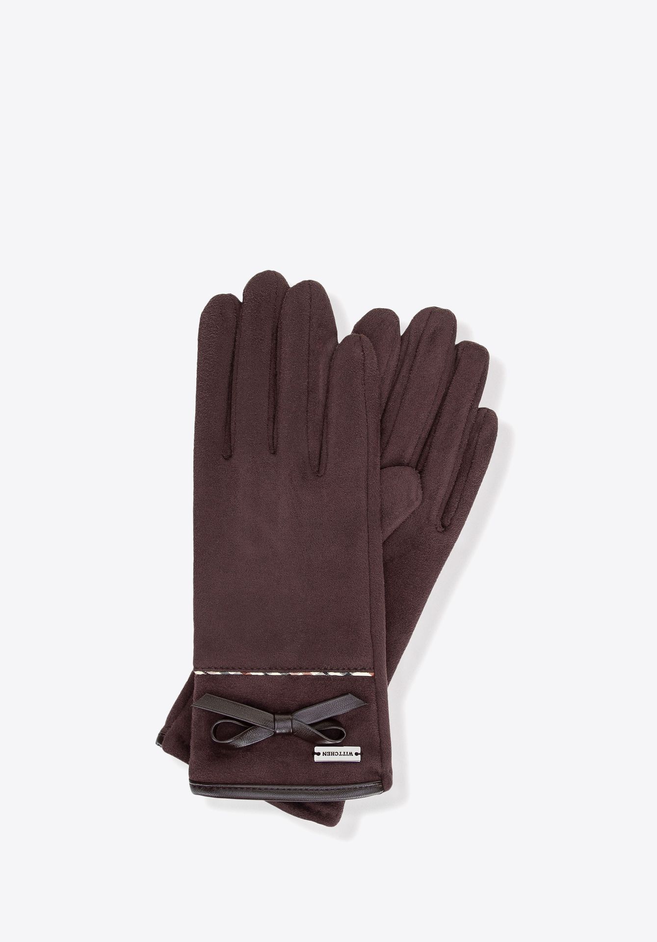 Damskie rękawiczki z kokardą i delikatnym przeszyciem brązowe