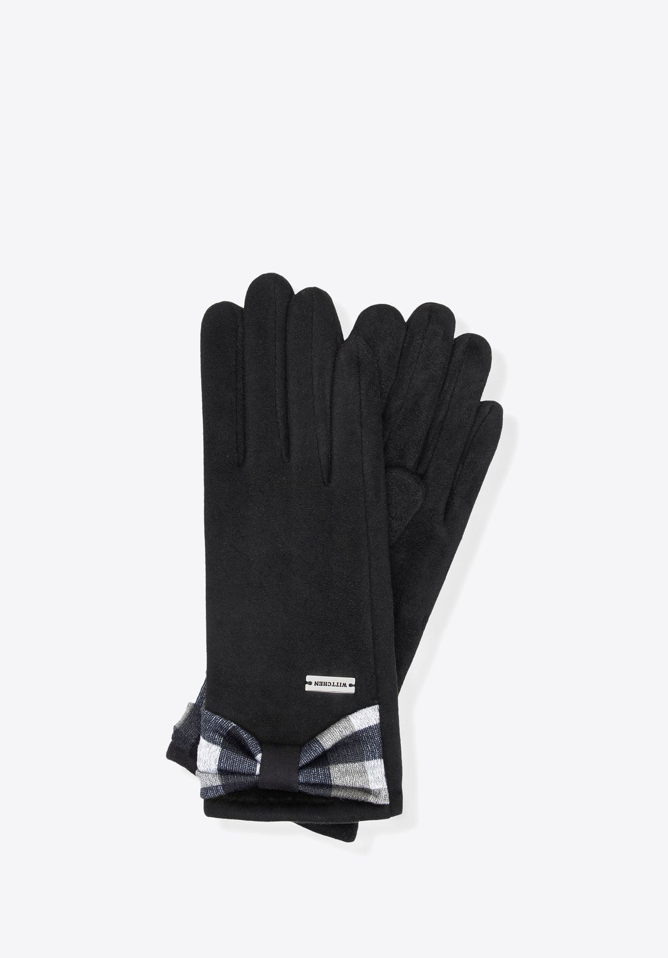 Damskie rękawiczki z kokardą w kratę czarne