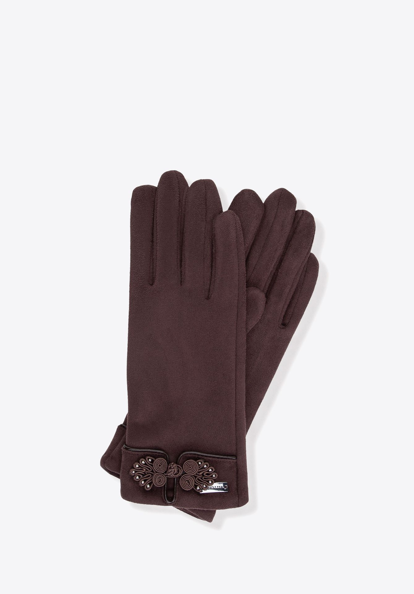 Damskie rękawiczki z dekoracyjnym akcentem ciemny brąz