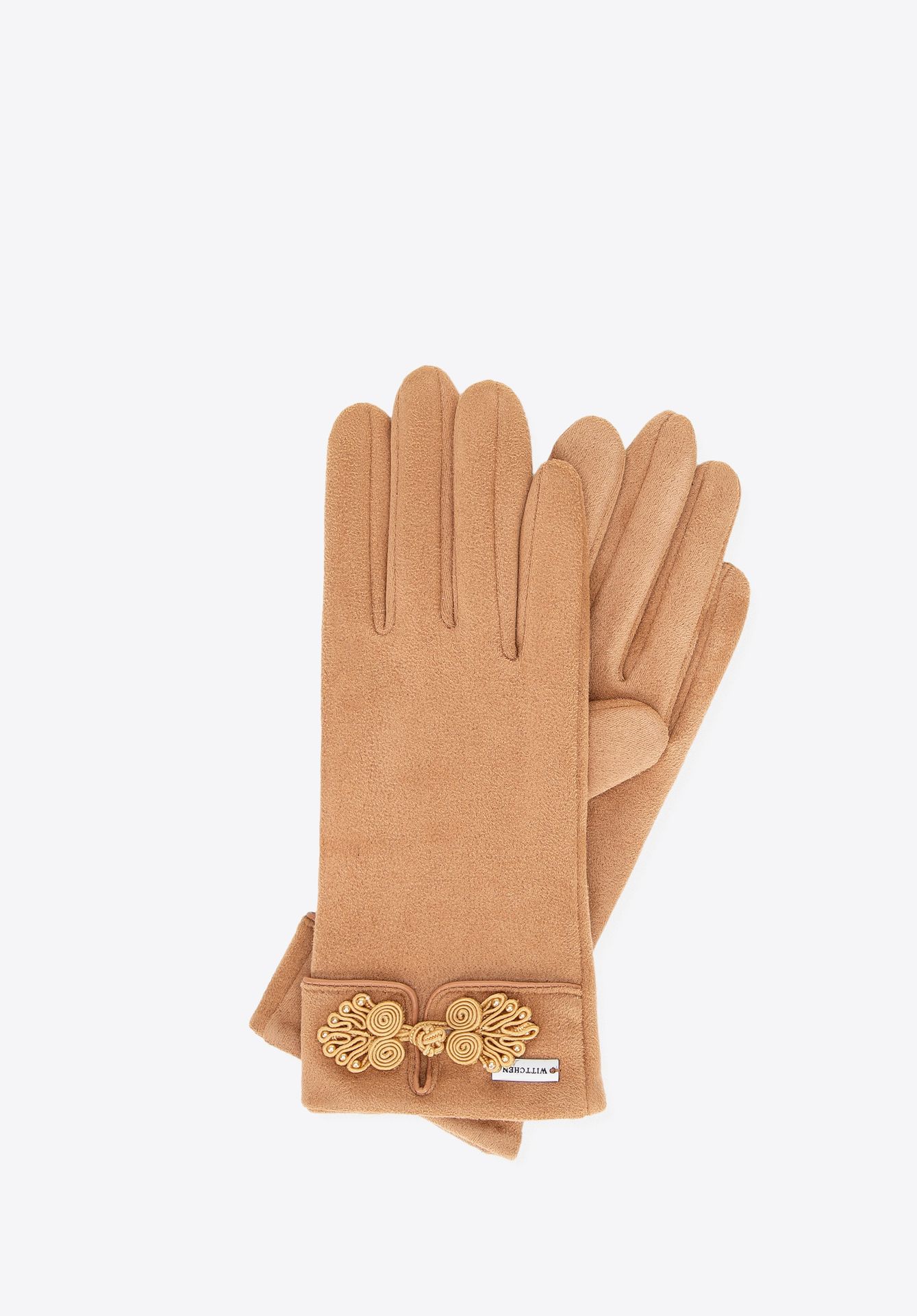 Damskie rękawiczki z dekoracyjnym akcentem jasny brąz