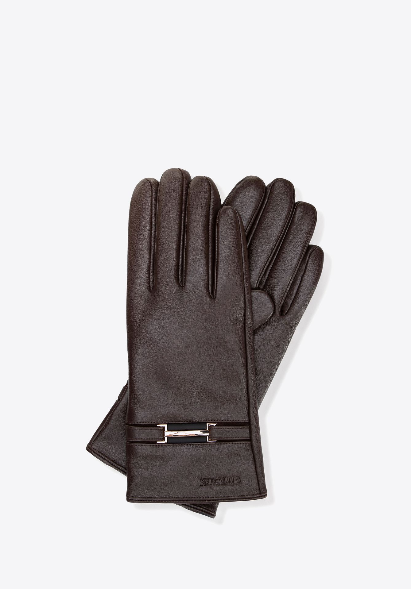 Damskie rękawiczki ze skóry naturalnej z ozdobnym paskiem ciemny brąz