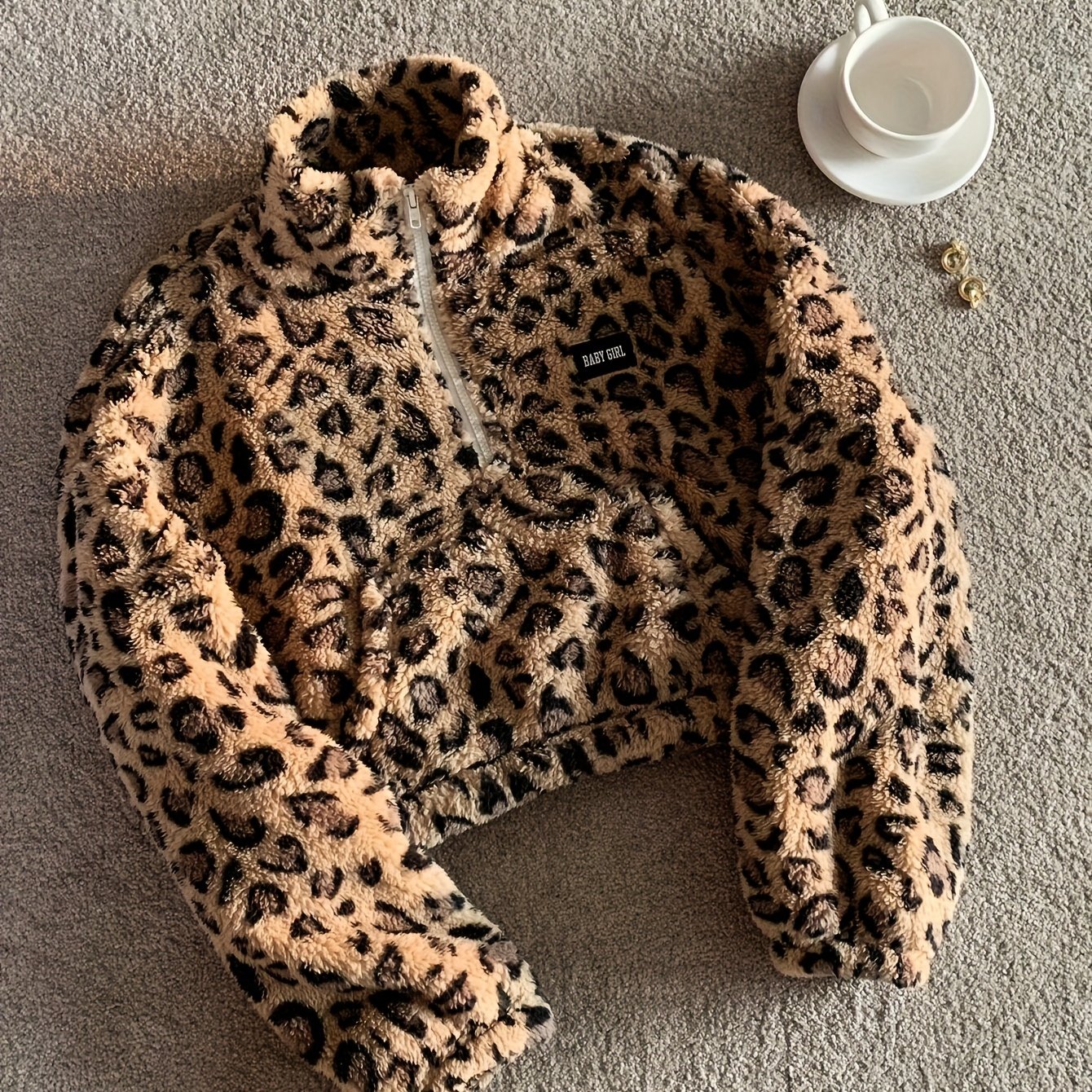 TEMU Damski, wygodny sweter w panterkę z wysokim dekoltem i zamkiem błyskawicznym - długi rękaw, pluszowy pulower z przednimi kieszeniami, idealny na