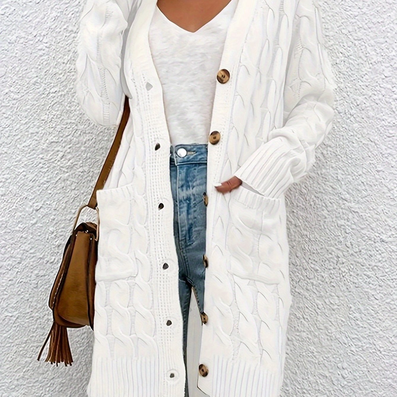 TEMU Elegancki damski długi kardigan z nylonu - miękki, ciepły i stylowy sweter z dekoltem w serek i guzikami, idealny na jesień/zimę, beżowy, z