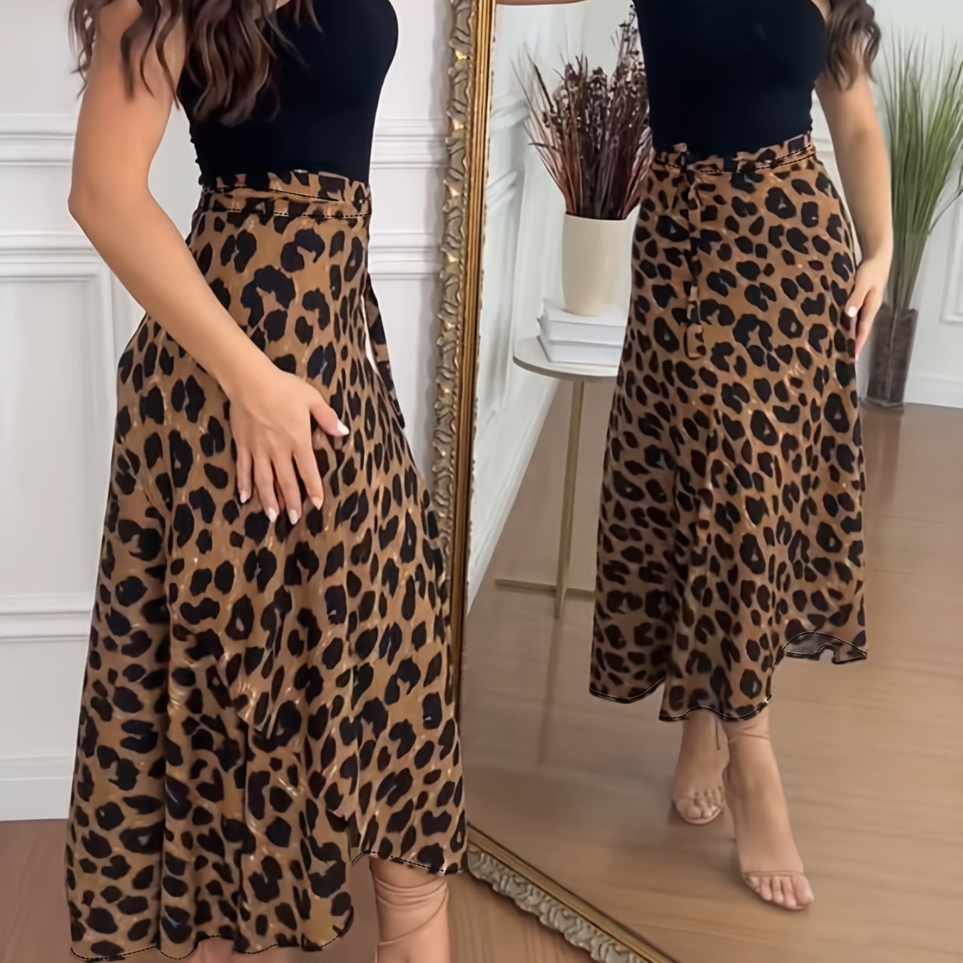 TEMU Spódnica typu wrap w panterkę z krzyżowymi ramiączkami, idealna na wakacje i na co dzień