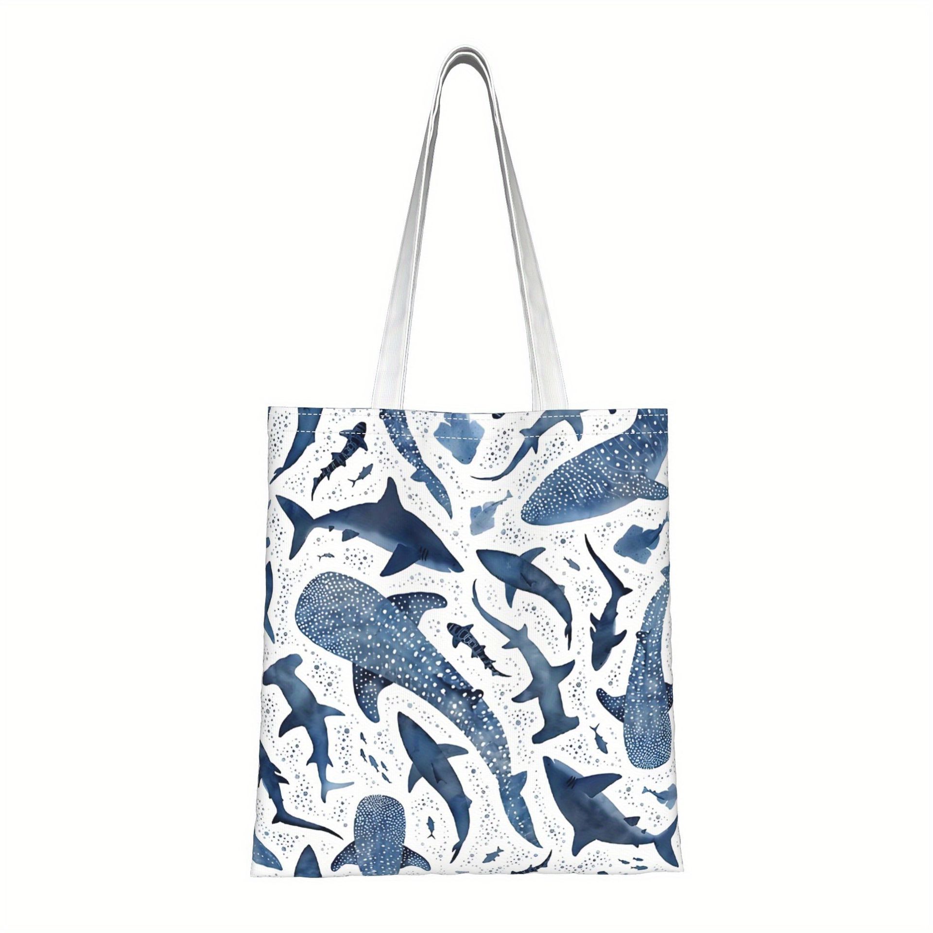 TEMU Torba Tote z Nadrukiem Rekina BIIHUDU dla Kobiet - Wytrzymałe Stałe Paski na Ramię, Możliwość Prania Ręcznego, Granatowo-Biały Wzór z Rekinem do
