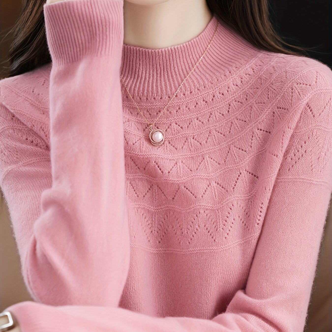 TEMU Damski Elegancki Sweter z Długim Rękawem i Okrągłym Dekoltem - Przytulny Jesienno-Zimowy Pulower z Detalem Oczkowym, Beżowy, Wszechstronny
