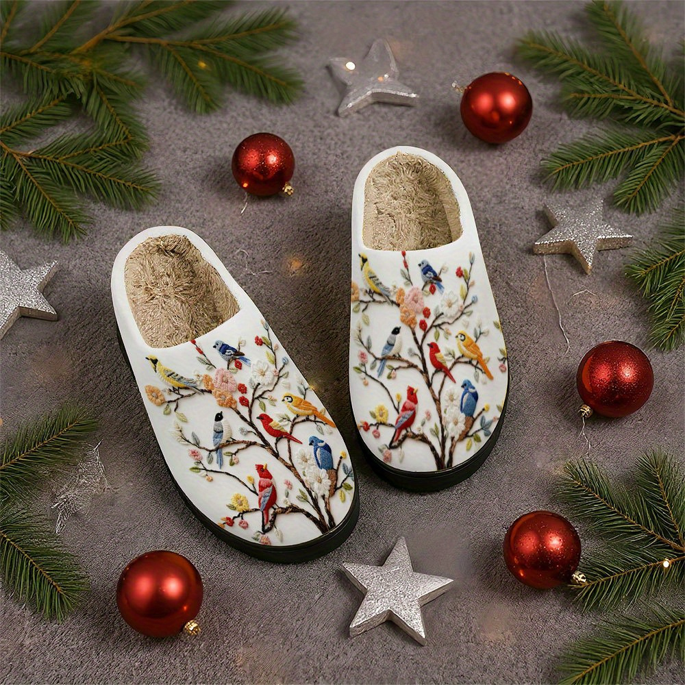 TEMU 1 Para Zimowych Pluszowych - Ciepłe Domowe Kapcie do Noszenia w Domu i na Zewnątrz z Motywem Kwiatowego Drzewa i Ptaków, / Przytulne Domowe