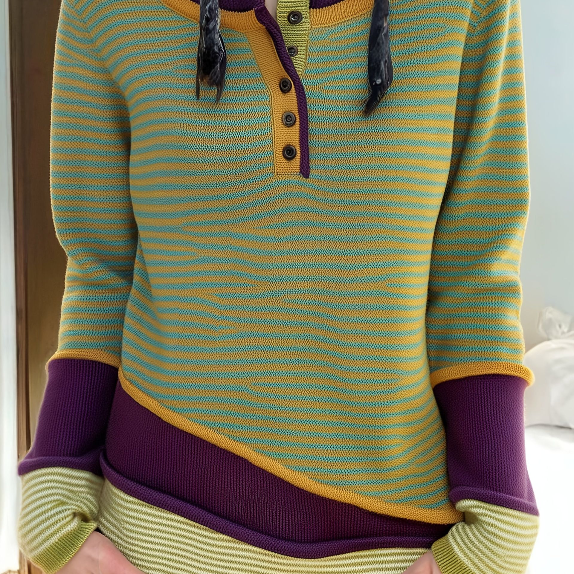 TEMU Sweter Y2K w Paski z Blokami Kolorów i Jednym Guzikiem – Casualowy Pullover