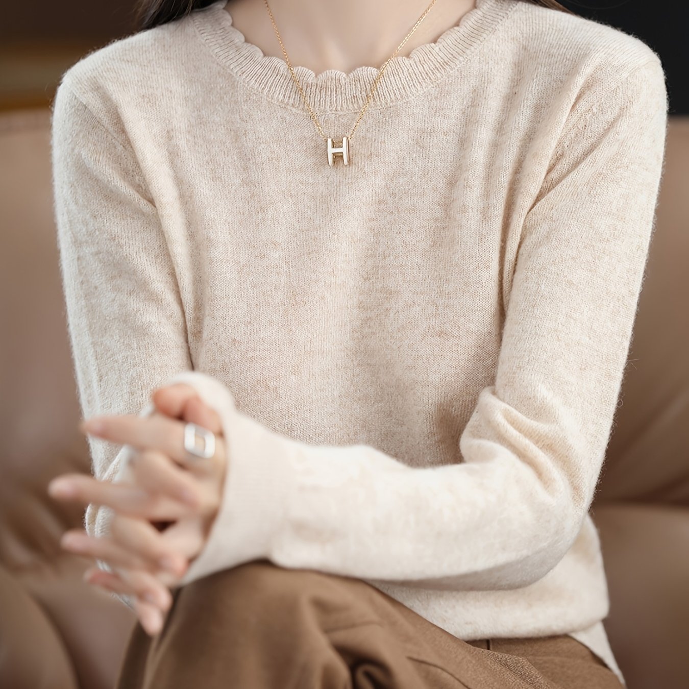 TEMU Elegancki Sweter z Okrągłym Dekoltem - Miękka Bluzka do Warstwowania na Każdą Porę Roku, Jednokolorowa, Krótka lub Długa, Uniwersalna do