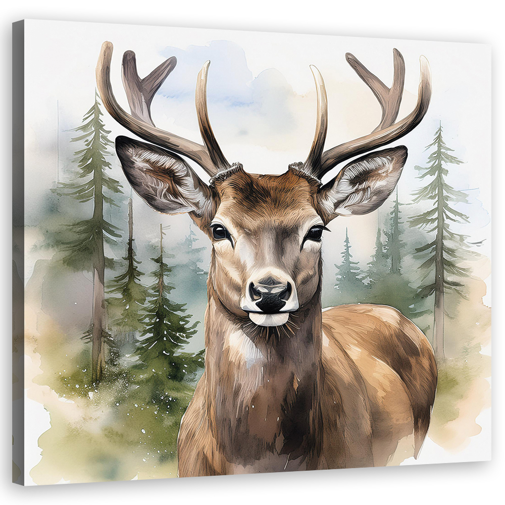Feeby Obraz na płótnie, Jeleń Drzewa Las Akwarela 60x60cm