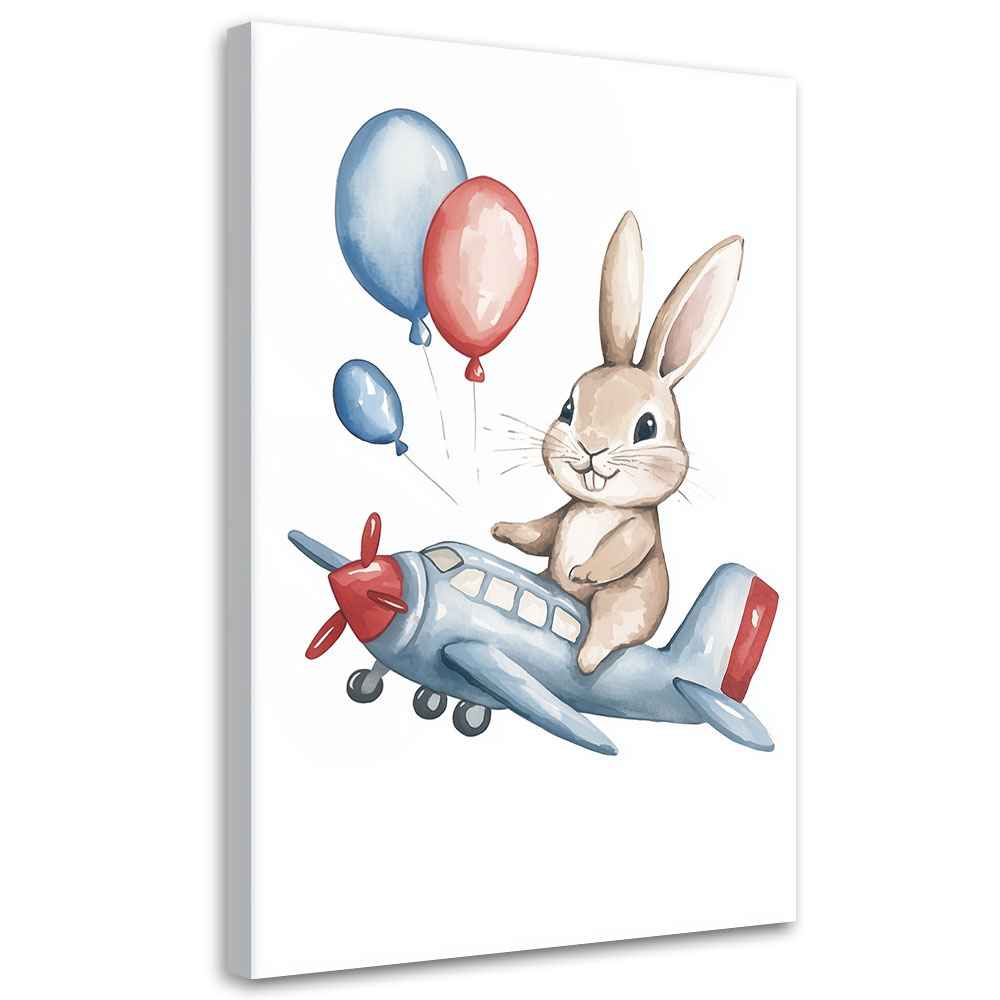 Feeby Obraz do pokoju dziecka, Królik w samolocie z balonikami 70x100cm