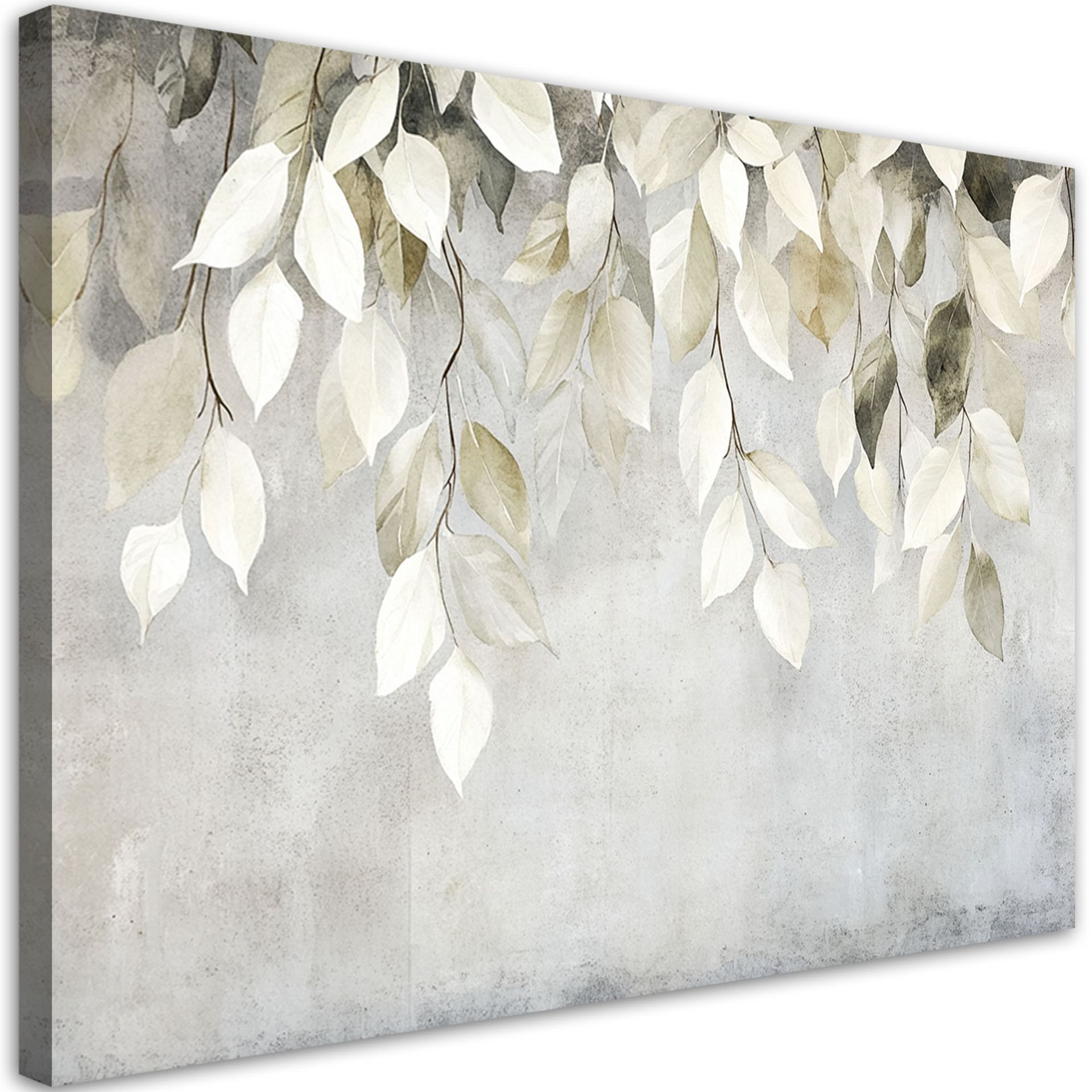 Feeby Obraz do salonu sypialni, Beżowe wiszące liście gałązki beton boho 90x60cm