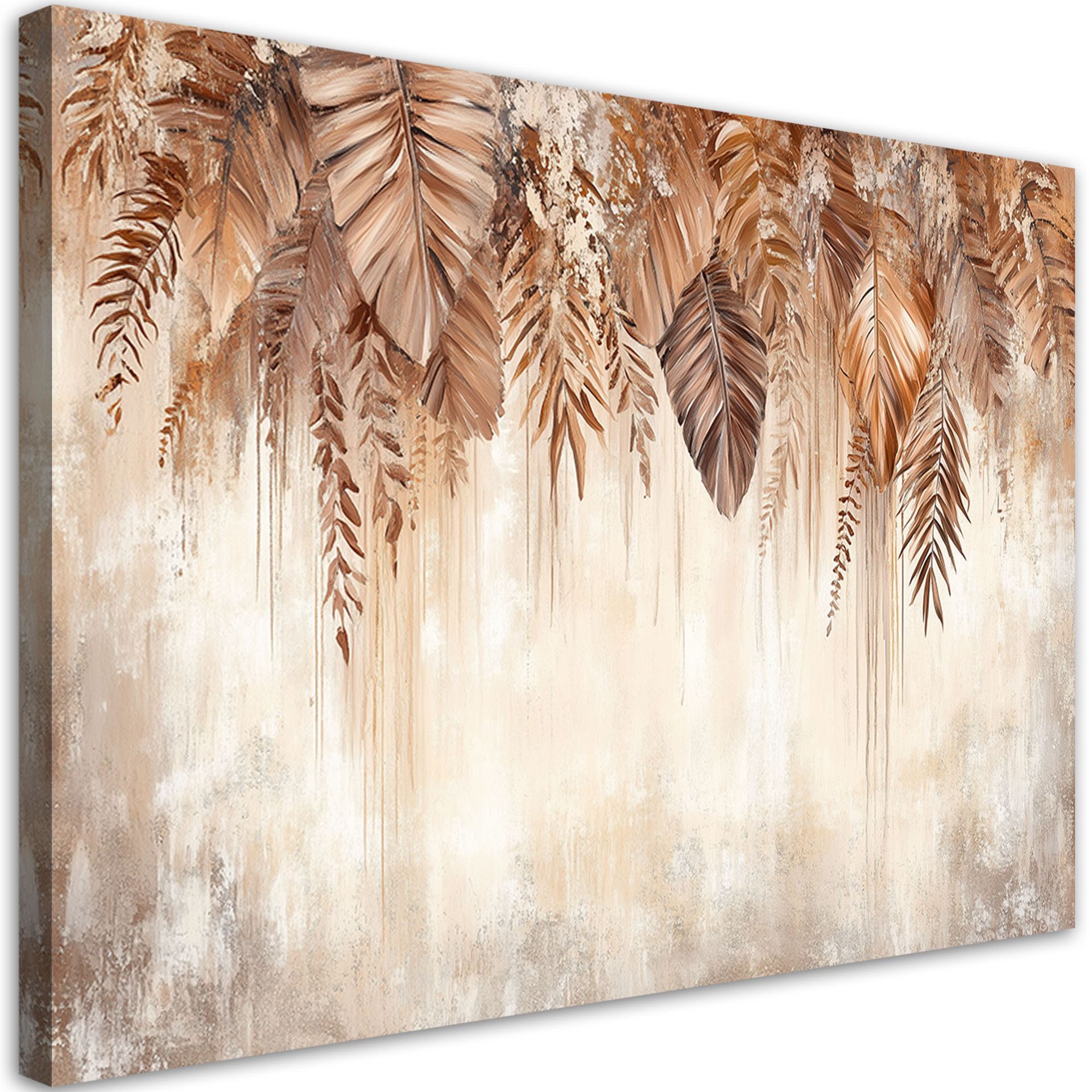 Feeby Obraz do salonu sypialni, Wiszące beżowo brązowe liście natura boho 100x70cm