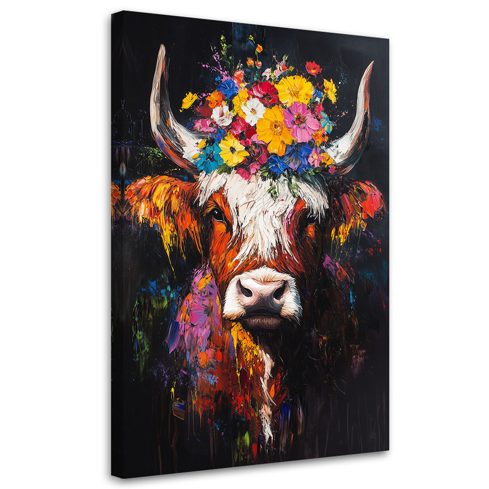 Feeby Obraz na płótnie, Szkocka Krowa z Kwiatami na głowie 70x100cm
