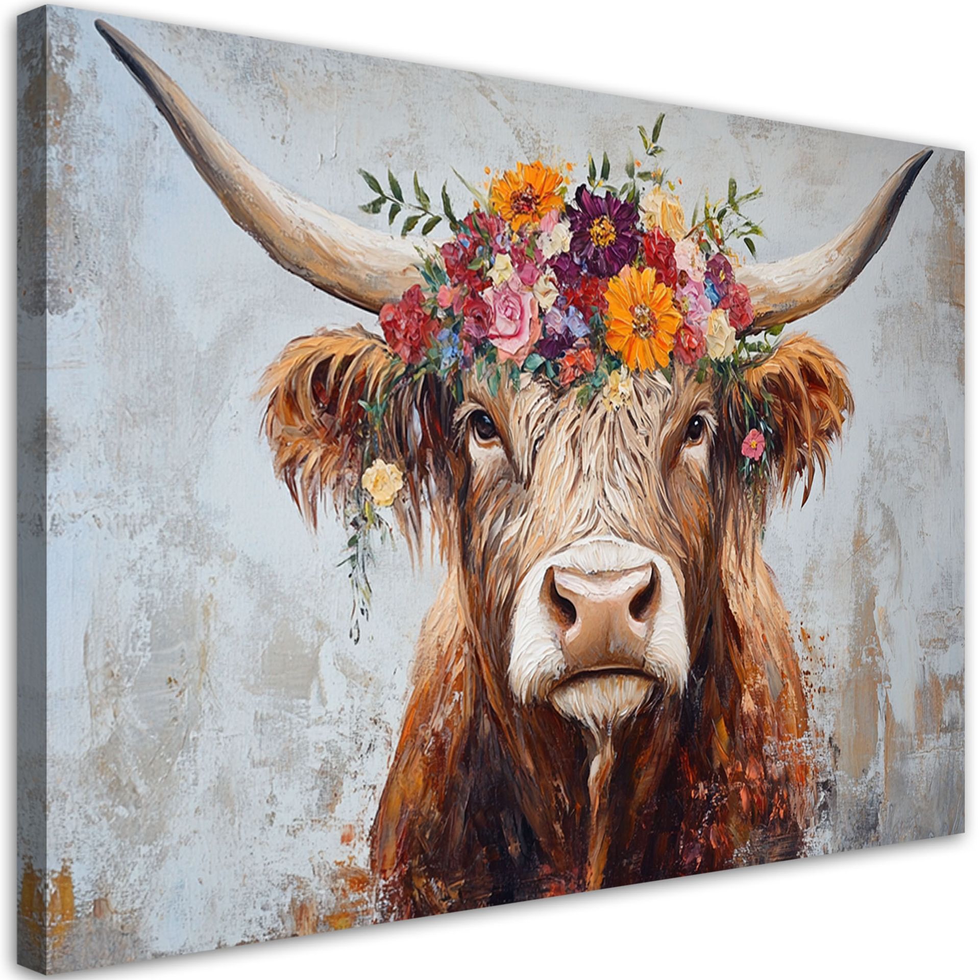 Feeby Obraz na płótnie, Vintage Krowa Szkocka Kwiaty 120x80cm