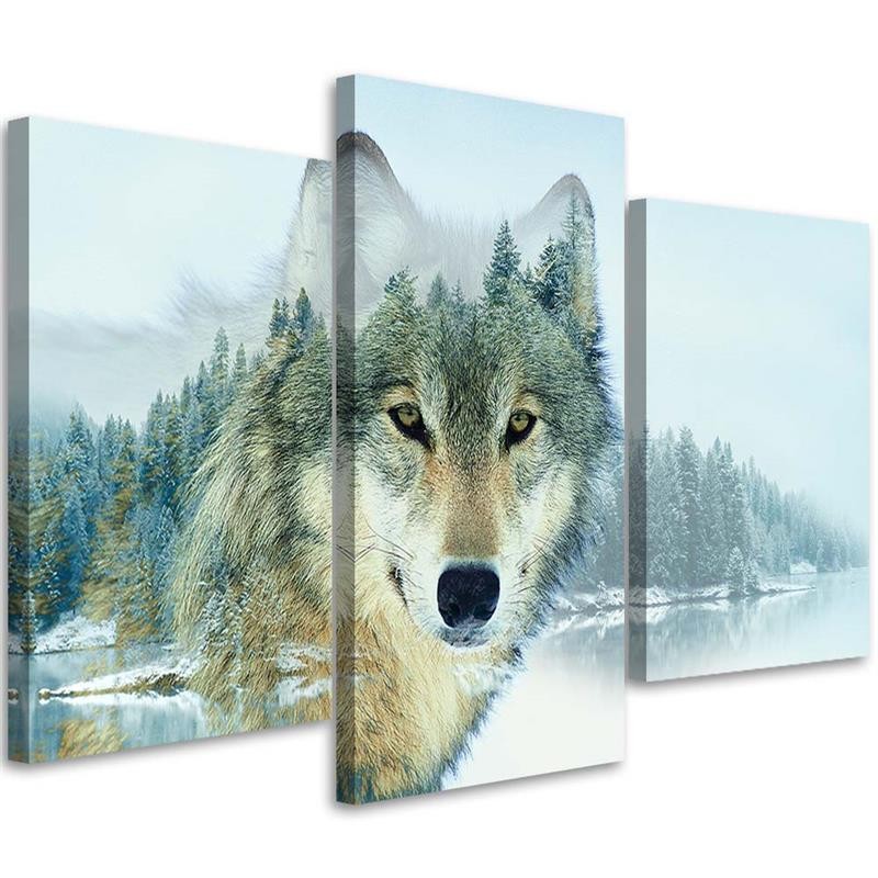 Feeby Obraz tryptyk na płótnie, Biały wilk na tle gór 90x60cm