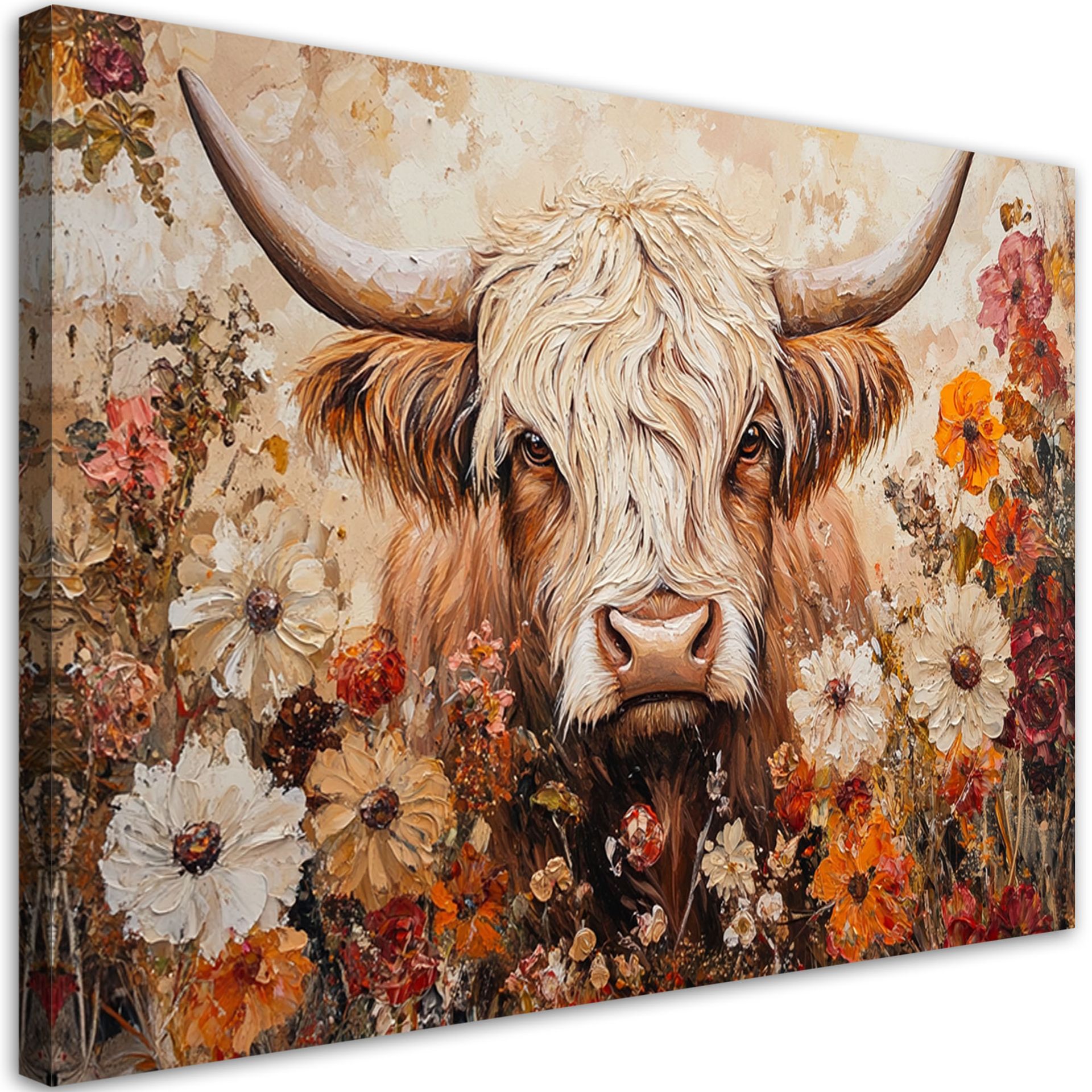 Feeby Obraz na płótnie, Krowa Szkocka Retro Kwiaty 90x60cm
