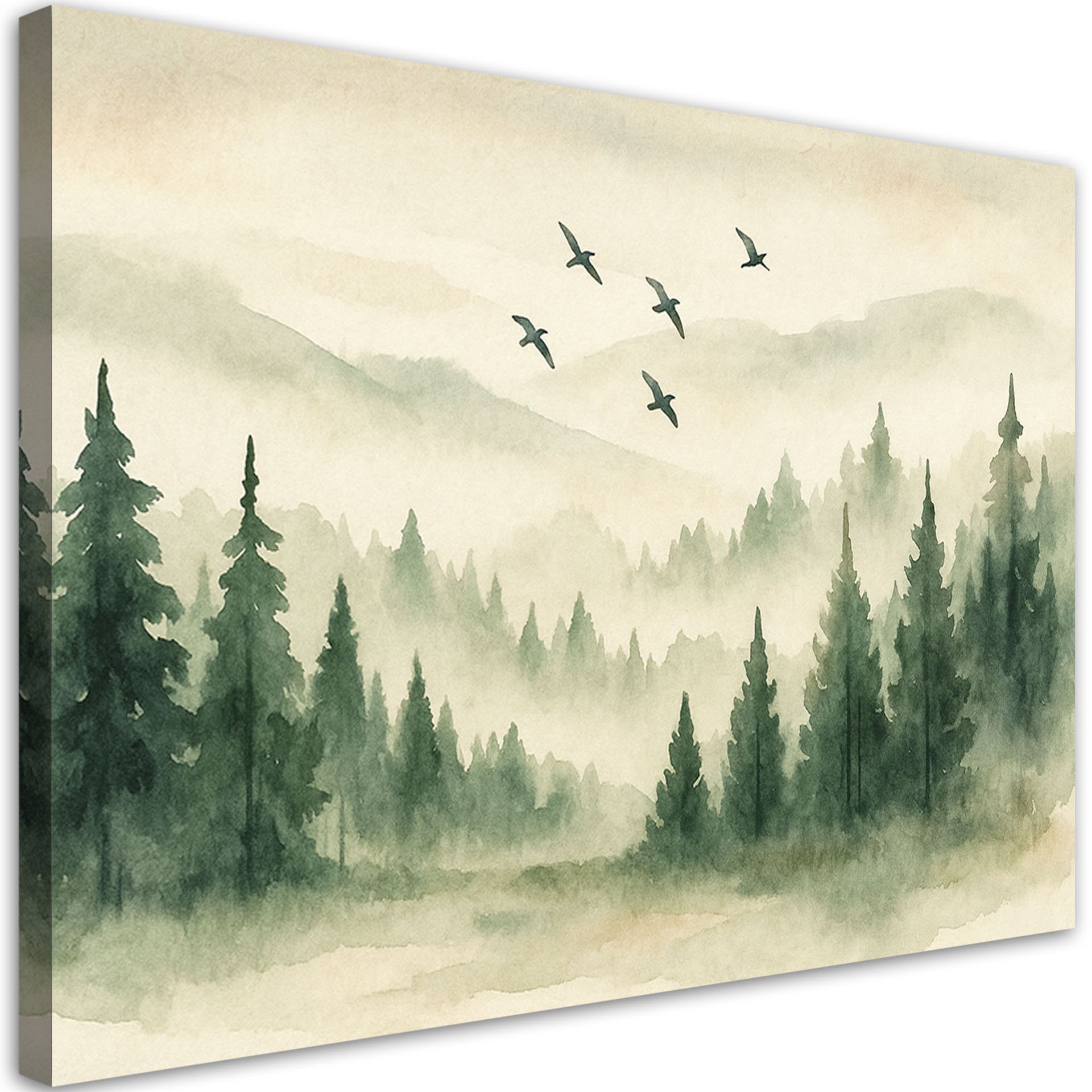 Feeby Obraz do salonu, Las Góry Ptaki Akwarela Zieleń Natura 100x70cm