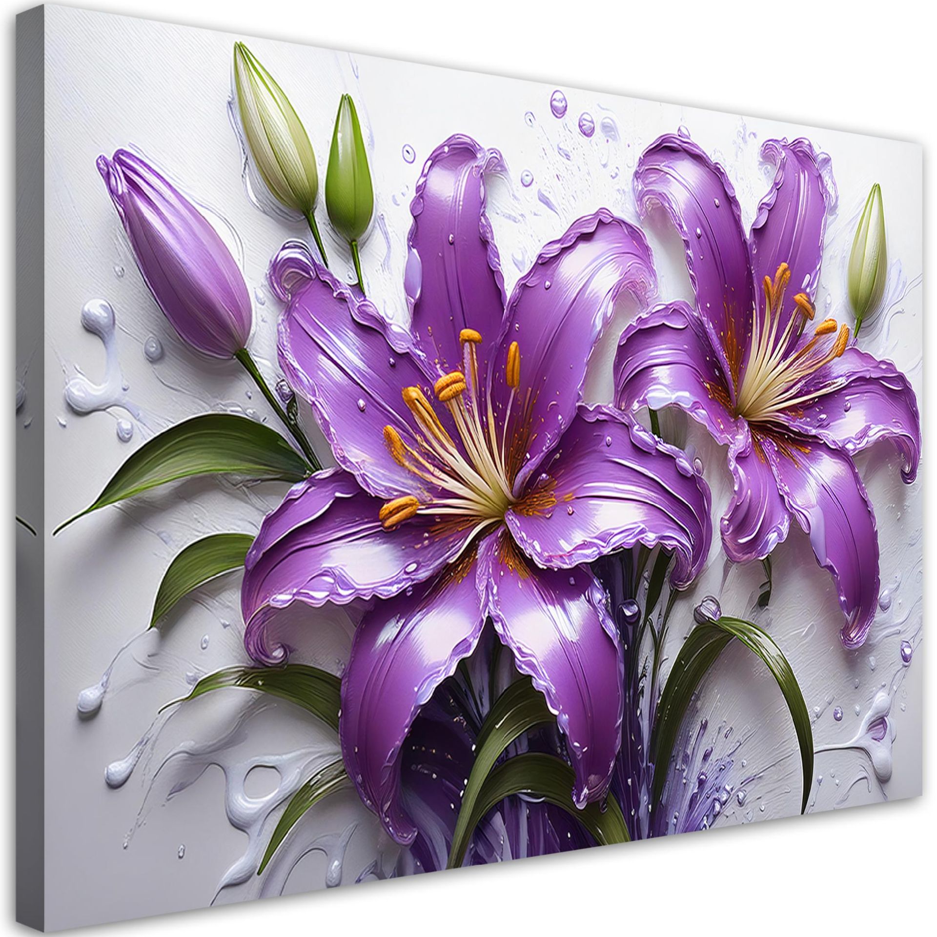 Feeby Obraz na płótnie, Kwiaty Fioletowe Lilie Krople wody 90x60cm