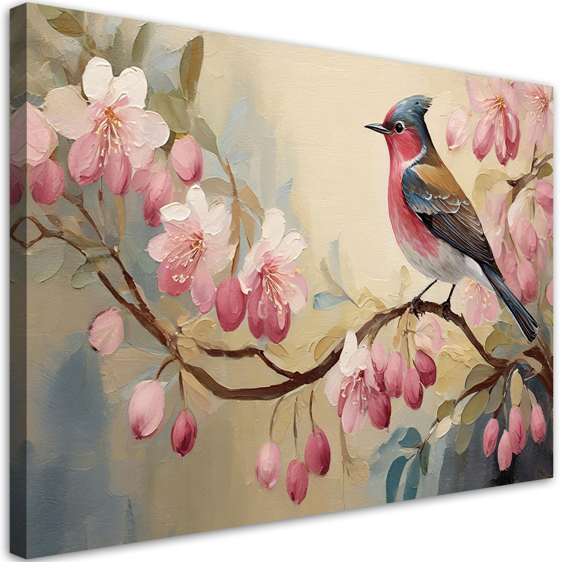 Feeby Obraz na płótnie, Ptak na gałęzi , kwiaty różowe, shabby chic 60x40cm