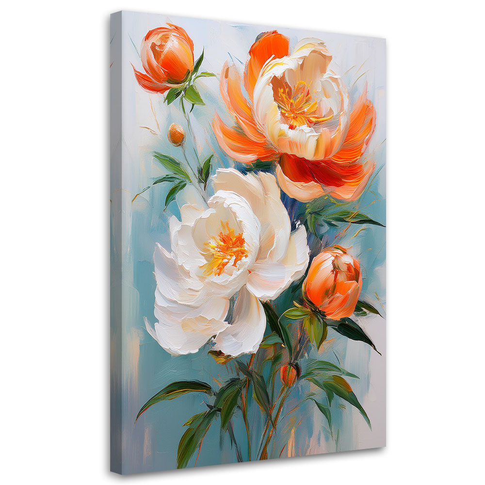 Feeby Obraz na płótnie, Piwonie Kwiaty Pomarańczowo Białe 60x90cm