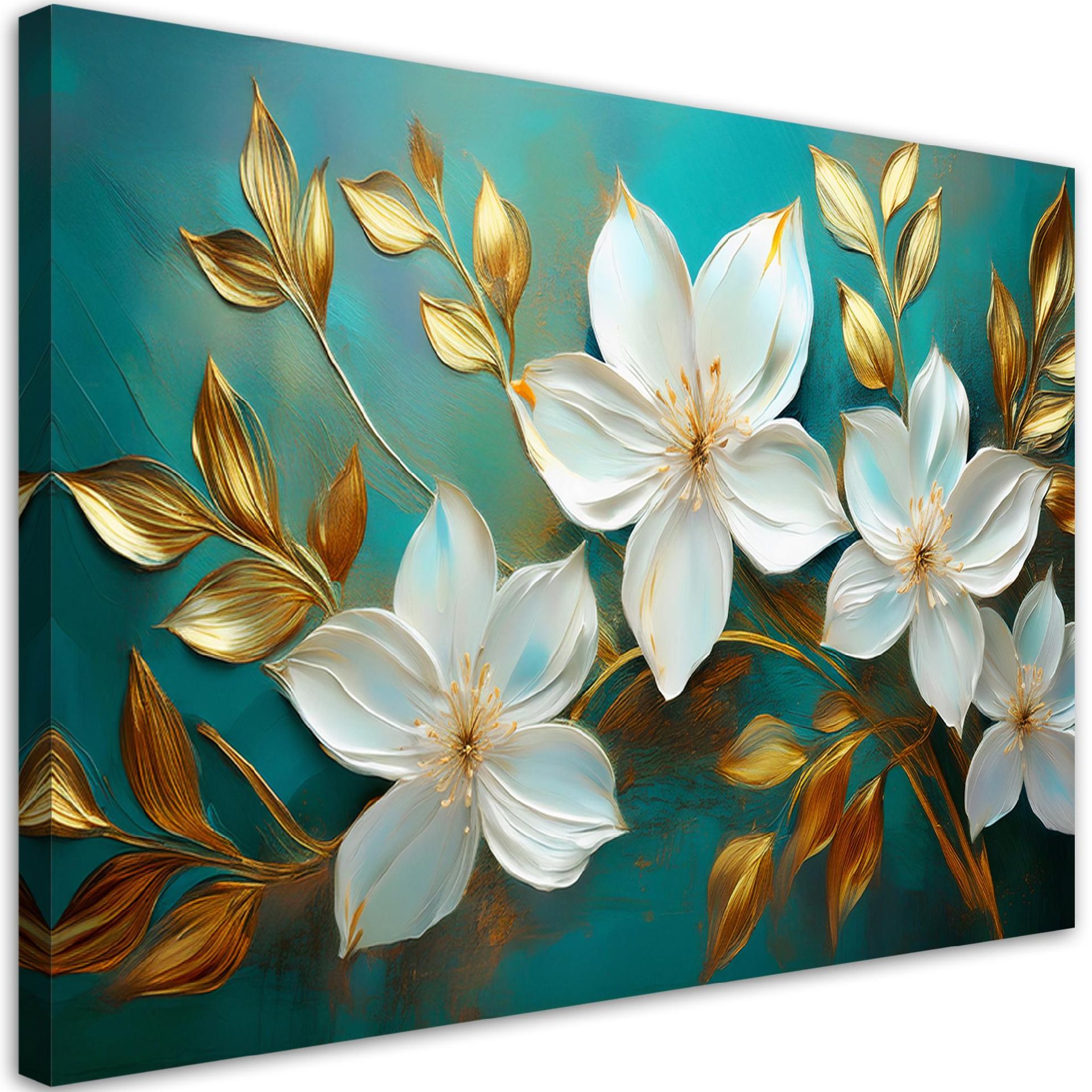 Feeby Obraz na płótnie, Białe Kwiaty Złote Liście Turkusowy 120x80cm